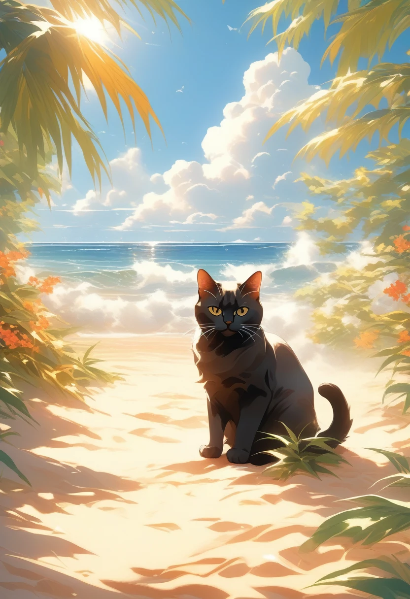 ((Masterpiece)), ((Best Quality)), (Very Detailed), ((Very Detailed)), 4K, (8K), very aesthetic, absurdres highres, On a summer afternoon, an island full of cats surrounded by blue skies and blue sea. Thunder clouds are floating in the sky, and cats are relaxing on the sandy beach or in the shade of trees. The waves gently hit the sandy beach, and the leaves of the trees sway in the wind making a cool sound. The cats' fur is soft and the sunlight is shining down on them, creating a peaceful and relaxing atmosphere.