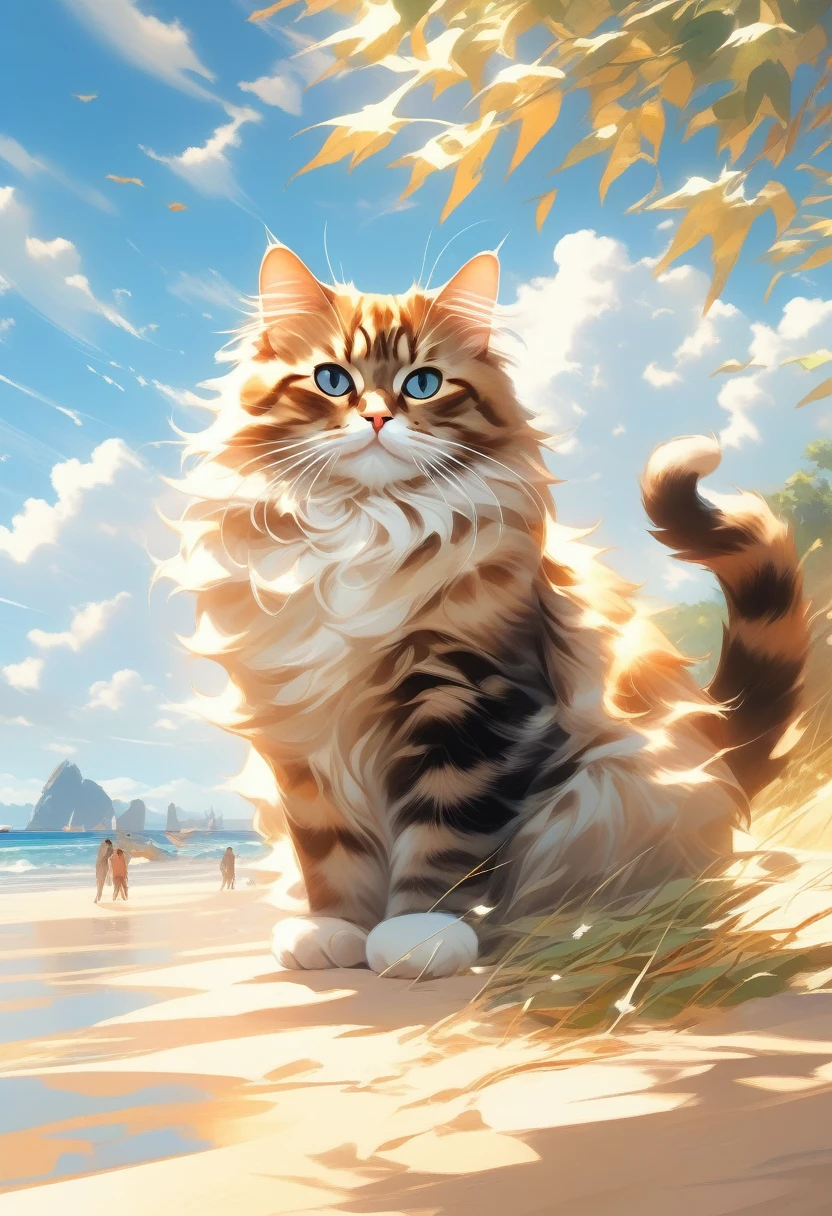 ((Masterpiece)), ((Best Quality)), (Very Detailed), ((Very Detailed)), 4K, (8K), very aesthetic, absurdres highres, On a summer afternoon, an island full of cats surrounded by blue skies and blue sea. Thunder clouds are floating in the sky, and cats are relaxing on the sandy beach or in the shade of trees. The waves gently hit the sandy beach, and the leaves of the trees sway in the wind making a cool sound. The cats' fur is soft and the sunlight is shining down on them, creating a peaceful and relaxing atmosphere.