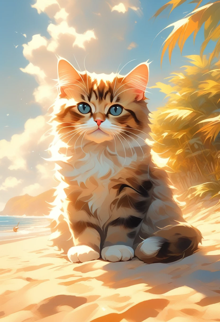 ((Masterpiece)), ((Best Quality)), (Very Detailed), ((Very Detailed)), 4K, (8K), very aesthetic, absurdres highres, On a summer afternoon, an island full of cats surrounded by blue skies and blue sea. Thunder clouds are floating in the sky, and cats are relaxing on the sandy beach or in the shade of trees. The waves gently hit the sandy beach, and the leaves of the trees sway in the wind making a cool sound. The cats' fur is soft and the sunlight is shining down on them, creating a peaceful and relaxing atmosphere.