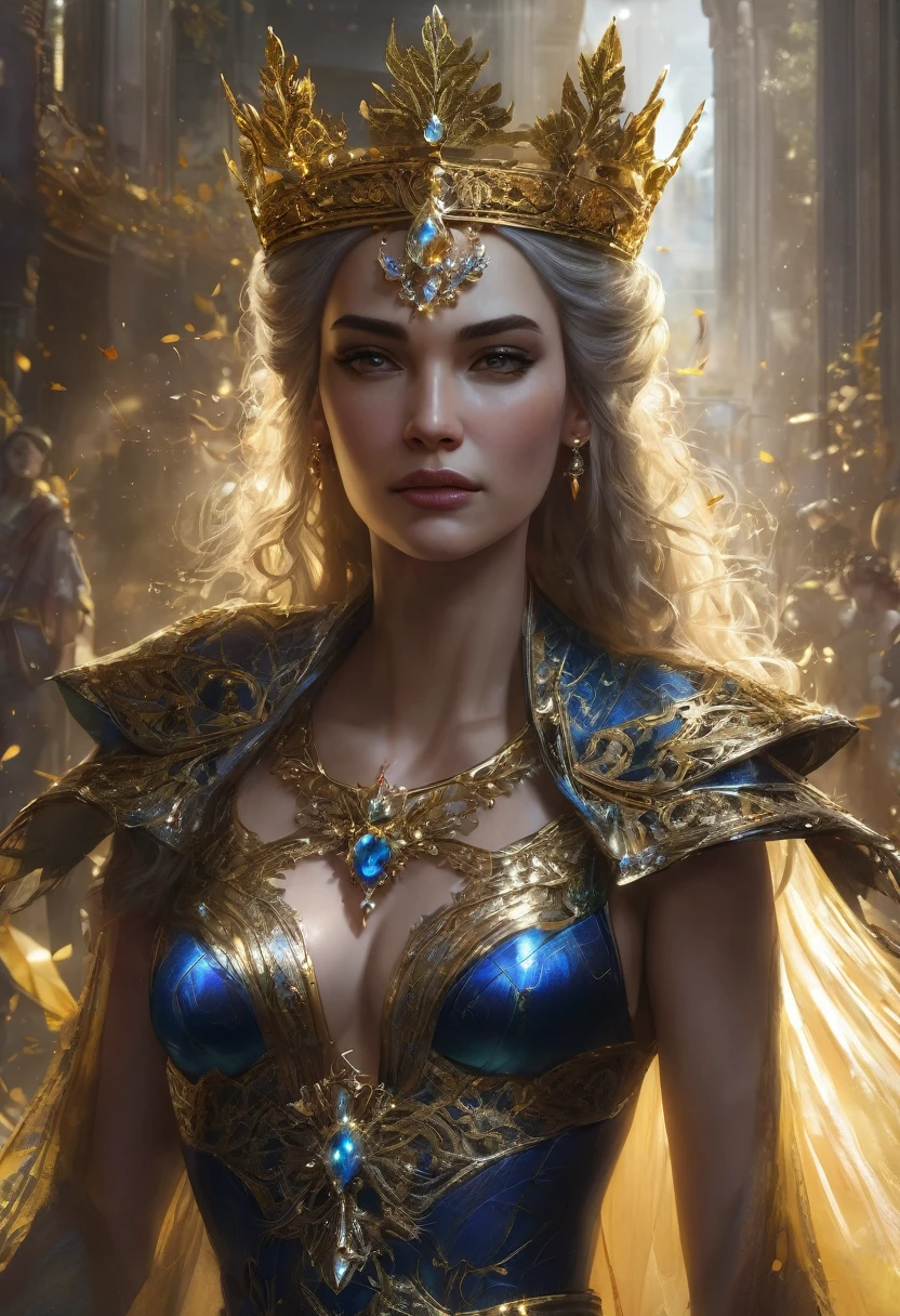 beautiful amazingly woman,Legend Of The Cryptids: Dark Queen with its gold crown with diamond and gem applications Guinevere character outfit, trending on artstation, sharp focus, studio photo, intricate details, highly detailed, by greg rutkowski, photo, illustration, 3d render, anime, conceptual art