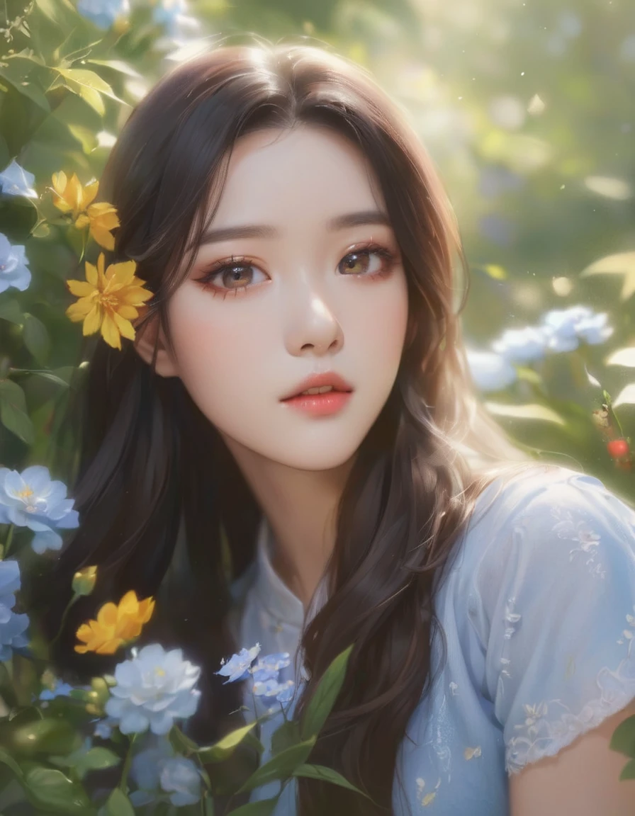 Close-up of a woman with long hair and a blue shirt, Popular Korean makeup, Dilraba Dilmurat, Popular Korean makeup, Beautiful Korean Women, Beautiful portrait, Soft Portrait Shot 8k, korean artist, Beautiful young Korean woman, Beautiful aesthetic face, With flowers, Written by Tang Xinyun Senna, Realistic. Chen Yi