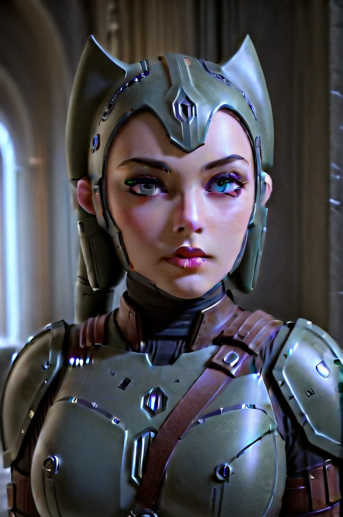 a female twi'lek mandalorian, beautiful detailed eyes, beautiful detailed lips, extremely detailed face, long eyelashes, mandalorian armor, sci-fi, cinematic lighting, dramatic, epic, intricate details, hyper-realistic, 8k, high-quality, photorealistic
