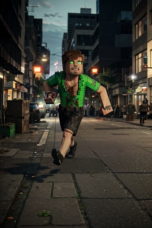an image of a video game zombie from Minecraft running to kill a man in the streets make it look like Minecraft