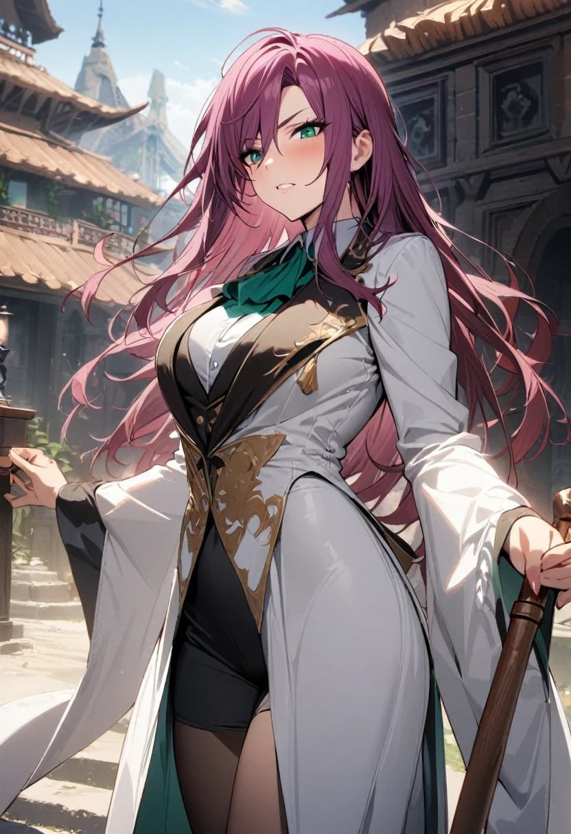1girl, faris scherwiz, final fantasy, magician's costume,white robe,wooden cane,outdoor,masterpiece, best quality, absurdres,