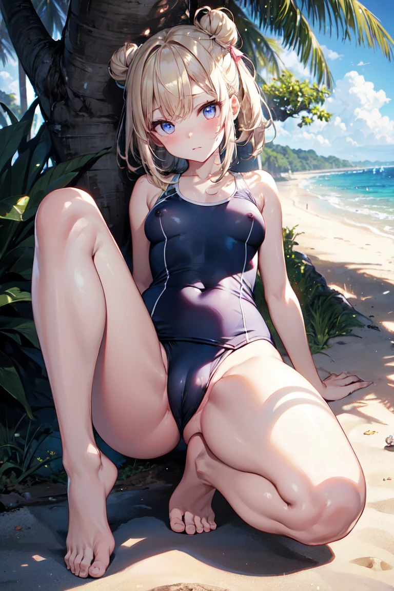 (NSFW:1.2), masterpiece, Highest quality, Ultra-high resolution, Highest Resolution, Very detailed, whole body, thin, very cute,、Complete limbs、Shining Eyes、Full Finger、Slender beauty、Blonde, Bun Hair、Embarrassed look、Writhing expression、Pink、Wear a school swimsuit、Glowing Skin、Knee-length、beach, tree, wind