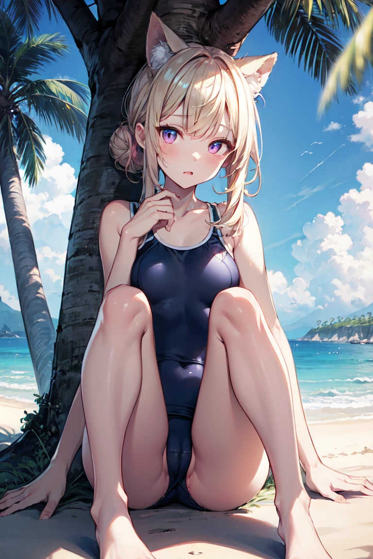 (NSFW:1.2), masterpiece, Highest quality, Ultra-high resolution, Highest Resolution, Very detailed, whole body, thin, very cute,、Complete limbs、Shining Eyes、Full Finger、Slender beauty、Blonde, Bun Hair、Embarrassed look、Writhing expression、Pink、Wear a school swimsuit、Glowing Skin、Knee-length、beach, tree, wind