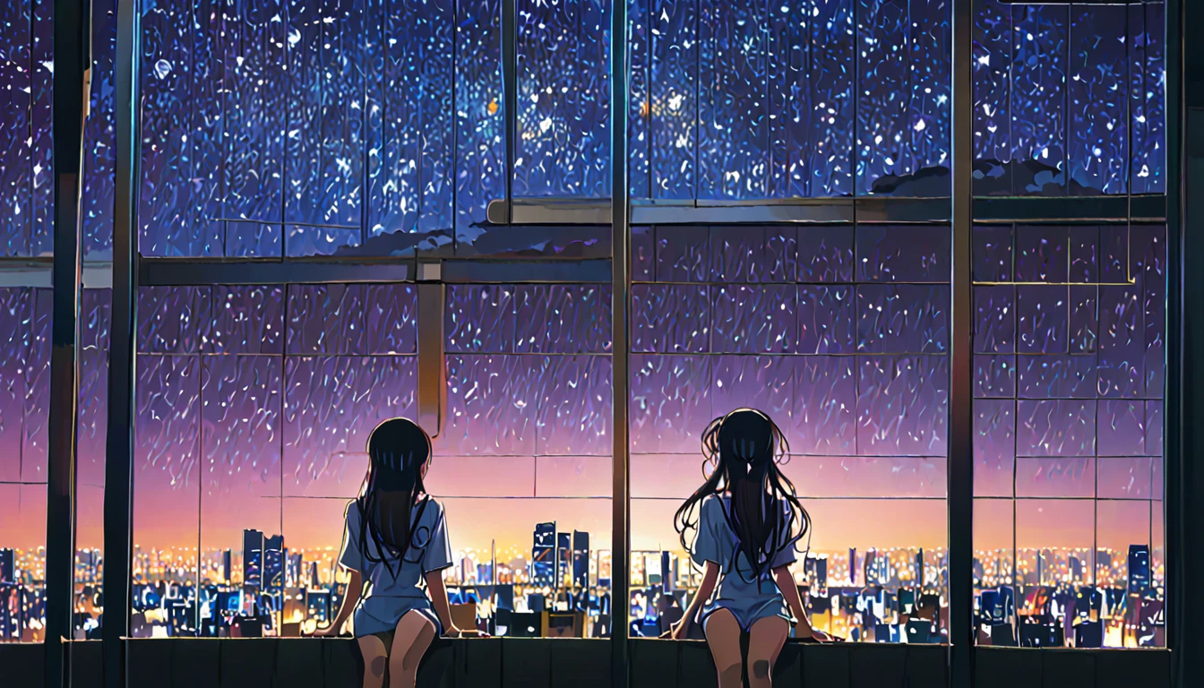 octans, sky, star (sky), scenery, starry sky, night, 1girl, night sky, solo, outdoors, building, cloud, sitting, tree, long hair, city, silhouette, cityscape,City from a distance, tokyo, city billboard, the sky,20歳********
