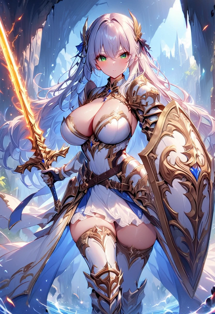 masterpiece,best quality, knight, long hair, silver hair, green eyes,((1girl)), (white_armor), golden ornaments, sword, shield, ((holding sword)), ((big breasts)), exposed belly, 1girl, cleavage, legs exposed, ((shield-over_arm)), ((Perfect face)),add_detail:1, add_detail:0, add_detail:0.5, ((Sword and shield))
