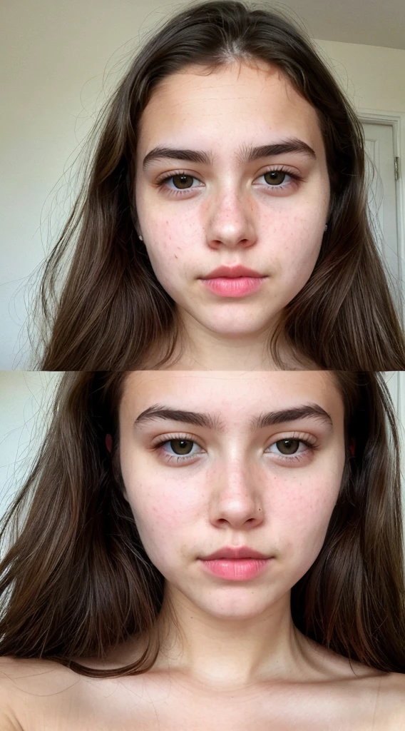  really pretty 15 years old girl. Brown hair. Innocent face. Straight looking to the camera. Facing the camera. Grey eyes. Freckles. Unique face. Beautiful eyes. Thick dark eyebrows. Really Thin nose. Freckles and nice skin. Big cheekbones. Thin eyes. Tiny upper lip. Fat bottom lip. Thick dark eyebrows. Beautiful. Slanted eyes. Ultra realistic looking. Eyes not close to each other, unique eyes. Small eyes 