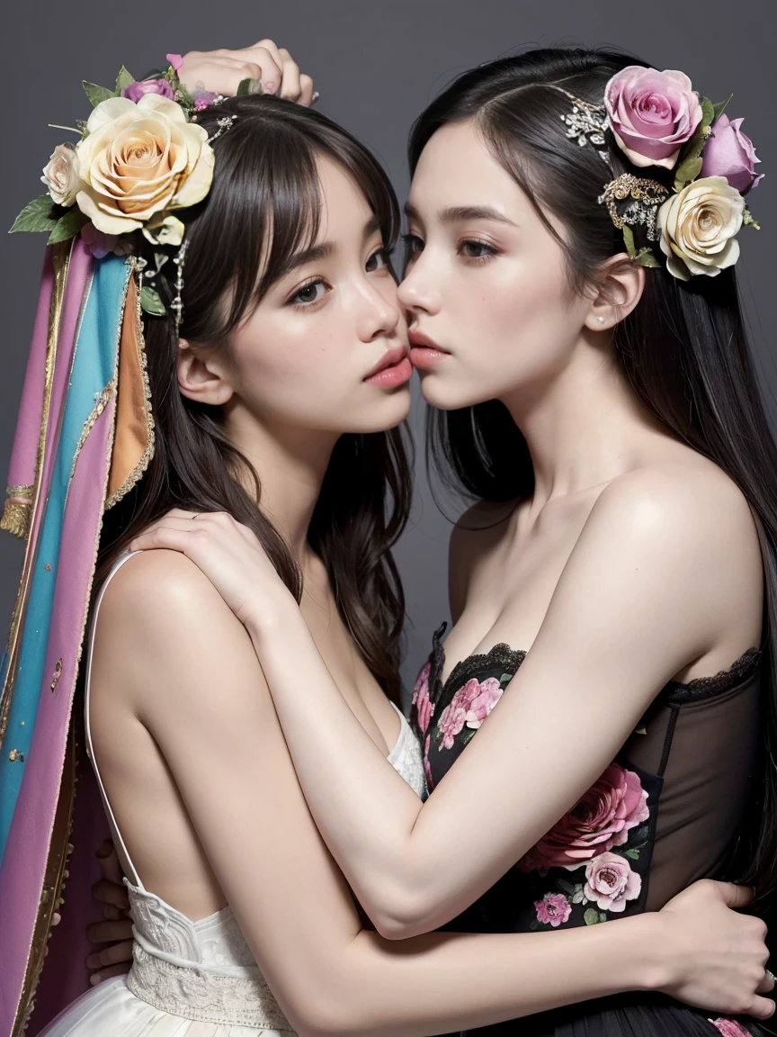 (masterpiece, highest quality, official art, beauty and aesthetic), perfect anatomy, two stunning bride is deeply in love with each other, kiss, flower