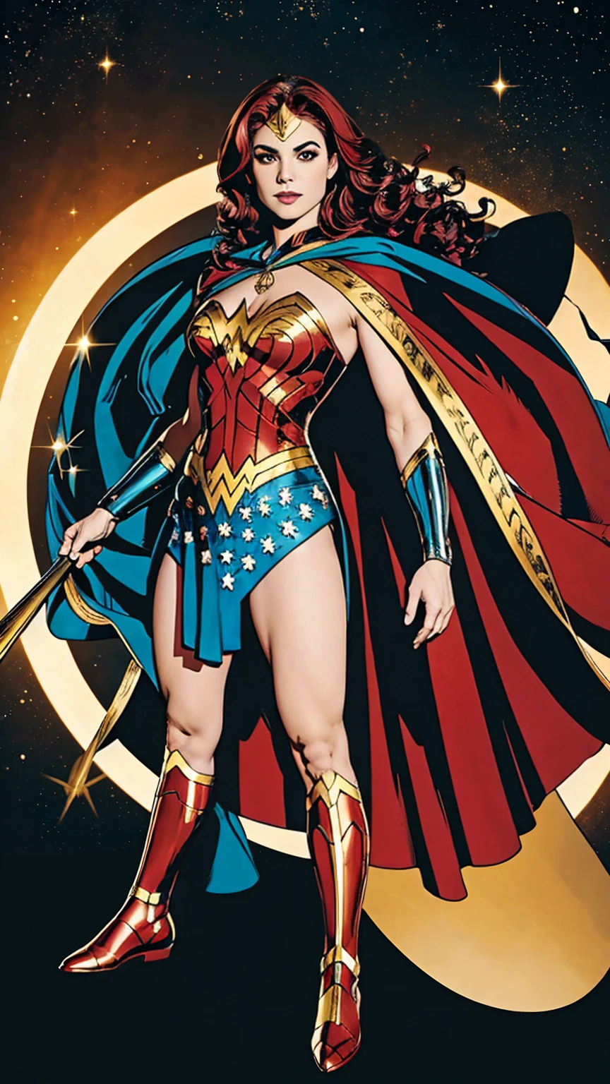 ((Full body photo, standing, feet on the ground)) Wonder Woman A red-haired male warrior with yellow eyes wearing black and gold armor, floating in space