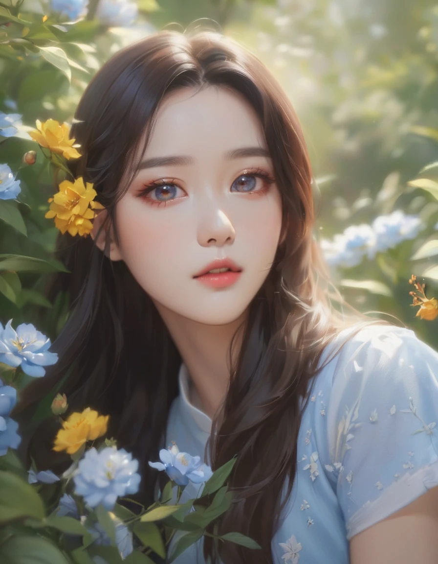 Close-up of a woman with long hair and a blue shirt, Popular Korean makeup, Dilraba Dilmurat, Popular Korean makeup, Beautiful Korean Women, Beautiful portrait, Soft Portrait Shot 8k, korean artist, Beautiful young Korean woman, Beautiful aesthetic face, With flowers, Written by Tang Xinyun Senna, Realistic. Chen Yi