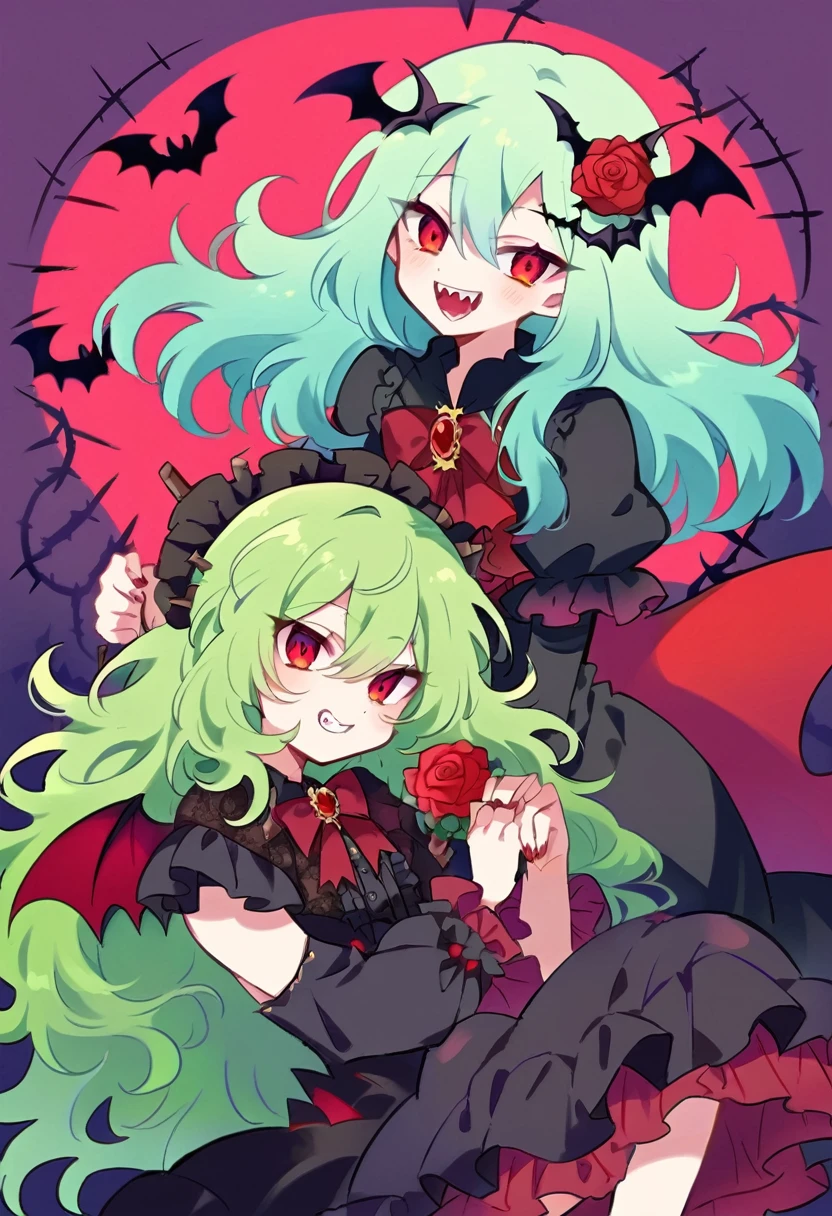 pastel green hair, red eyes, pale, vampire, vampire teeth, bat and thorn hair accessories, black dress with ruffles and lace, beads, thorns, roses, long fluffy hair,