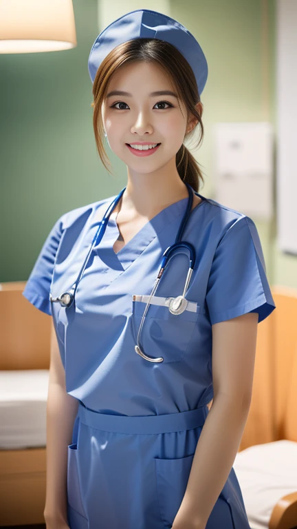 (Ulzzang-6500-v1.1, masterpiece, highest quality:1.3, ultra-detailed 8k:1.2, hyperrealistic:1.35, raw photo:1.2, highest quality, high resolution, wallpaper, realistic, dramatic, realistic painting art by midjourney:1.3, 1 nurse, 28yo, white nurse uniform, basic nurse cap, short white tight skirt:1.3, super beautiful, beautiful skin, dimples, beautiful and detailed eyes, detailed face, symmatrical face, perfect style, treatment room in a hospital room, cowboy_shot, ample bosom, very detailed face, stethoscope, double eyelid, snaggle-tooth, brown eyes, short ponytail hair, chest strengthening, emphasize body line, friendly smile, beautiful lips, glossy lips, white teeth, detailed background of the hospital room, perfect lighting, natural soft light)