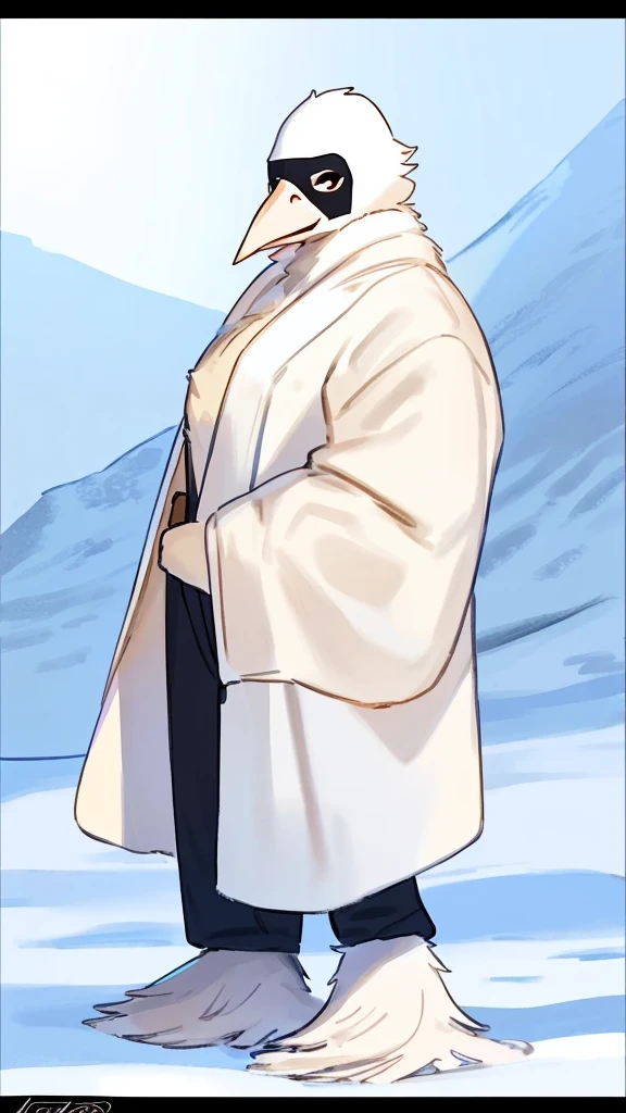 By bebebebebe, by lostgoose, by goonie-san, thin 20 foot tall humanoid creature, ((long white flowing yeti robe, bird stork mask, long white beak, long flowing plumage)), standing on a snowy plateau, on a snow-covered a siberian mountain, arctic, cryptozoology, overcast, moody, horror