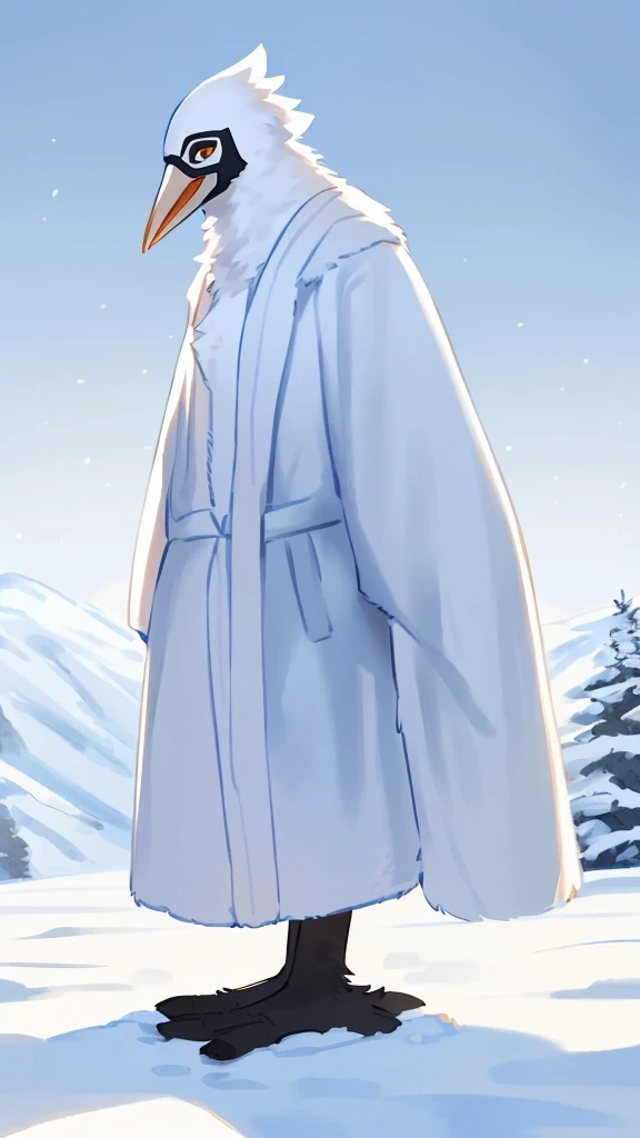 By bebebebebe, by lostgoose, by goonie-san, thin 20 foot tall humanoid creature, ((long white flowing yeti robe, bird stork mask, long white beak, long flowing plumage)), standing on a snowy plateau, on a snow-covered a siberian mountain, arctic, cryptozoology, overcast, moody, horror