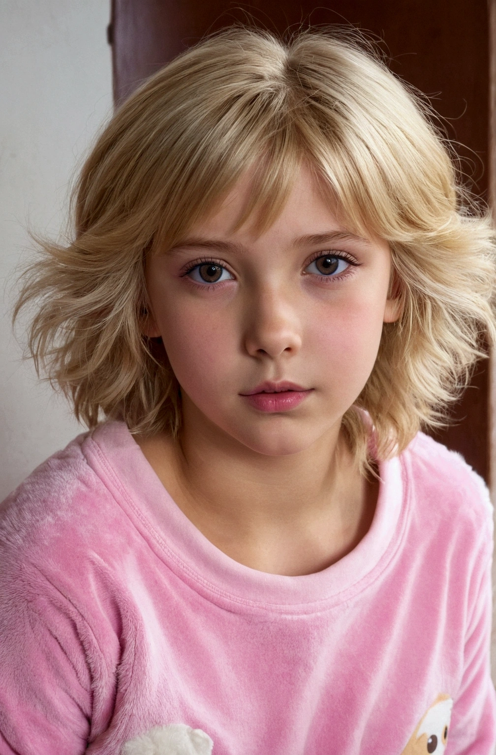 hermosa niña 👧🏼 de niña rubia de 10 años en pijama rosa: beautiful leaden eyes, (big tits), sexy, at school, short golden hair, disheveled hair, (ultra realistic fur), disheveled hair, very cute, (The most beautiful face in the world), sexy thighs, shy.