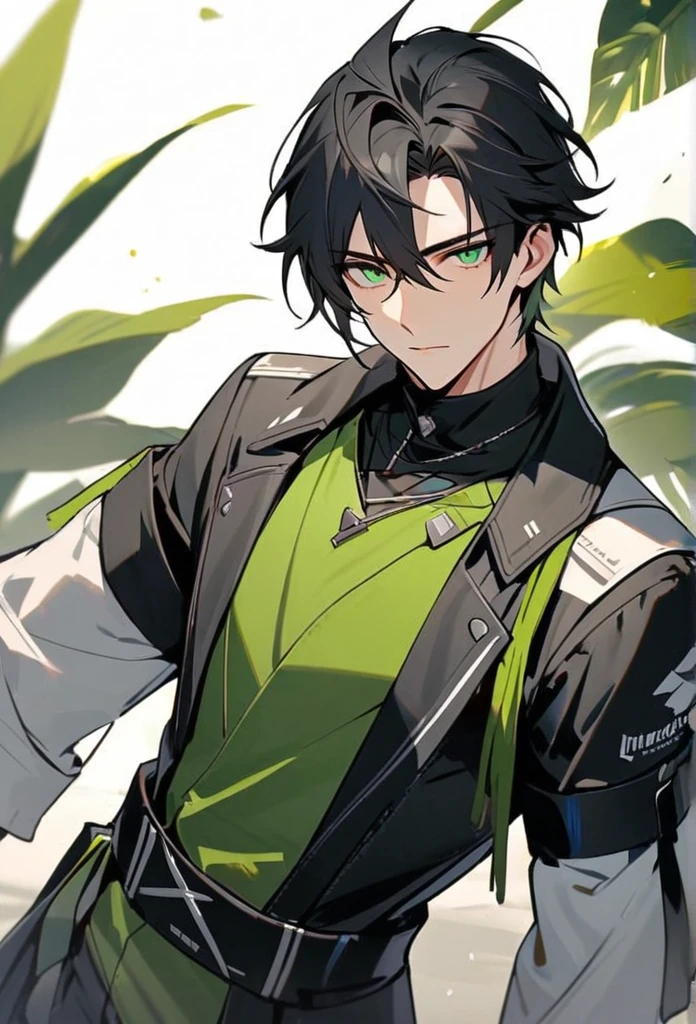 Handsome, solo, 1 male, short black hair, green eyes, arknight costume,