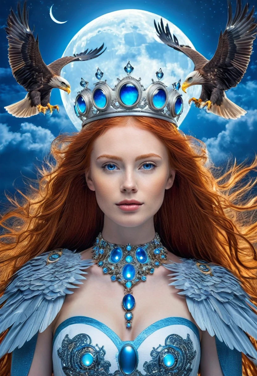 beautiful redhead with a crown of rays, surrounded by blue robotic eagles with a beautiful blue moon in the background and white clouds