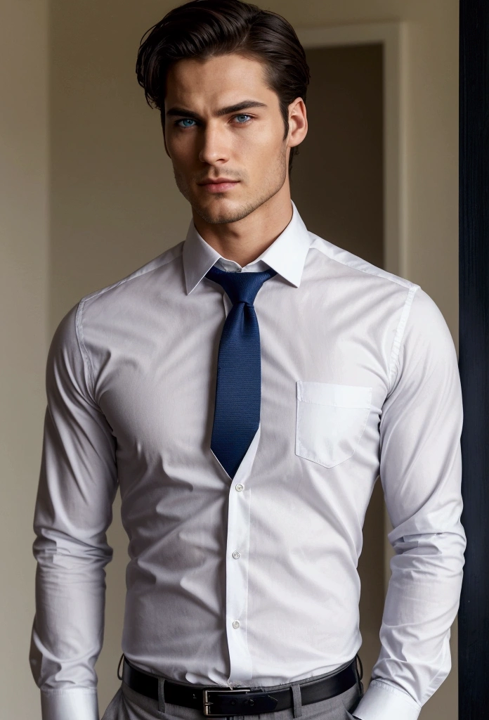He is a striking figure standing at 6'2" with an athletic build that speaks of discipline and strength. His chiseled features are highlighted by his intense blue eyes, which hold a depth of emotion and intelligence. His perfectly styled dark hair falls effortlessly in place, adding to his allure.

Dressed in a crisp white shirt with the top two buttons undone, he exudes a sense of relaxed confidence. The shirt is complemented by dark suspenders that add a touch of vintage charm and hint at his appreciation for classic style. His navy blue tie, slightly loosened, suggests a man who knows how to balance work and play.

His strong jawline is complemented by a neatly trimmed beard, giving him a rugged yet polished appearance. His lips, curved into a slight, knowing smirk, hint at a mix of confidence and mystery, suggesting he is a man who has seen much and learned to keep his secrets close.

Despite his polished exterior, there is an air of complexity about him. His posture is both relaxed and alert, indicating a man who is always aware of his surroundings and ready to take action if necessary. He carries an aura of authority and charisma, making him a natural leader who commands attention wherever he goes.

This character is the archetype of a charming yet complex protagonist who exudes both charm and intrigue. He is the kind of man who draws people in with his charisma and keeps them captivated with his enigmatic personality.