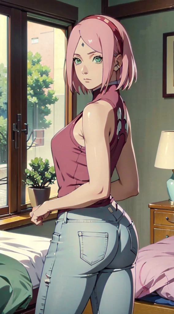 Masterpiece, stunning realistic, best quality, sharpness, 1 girl,sakura haruno,forehead mark,pink hair,green eyes,red hairband,perfect round ass,big ass,ass support,auf einen balkon anlehnen,focus on ass,looking at the viewer,tanktop,micro ripped denim shorts