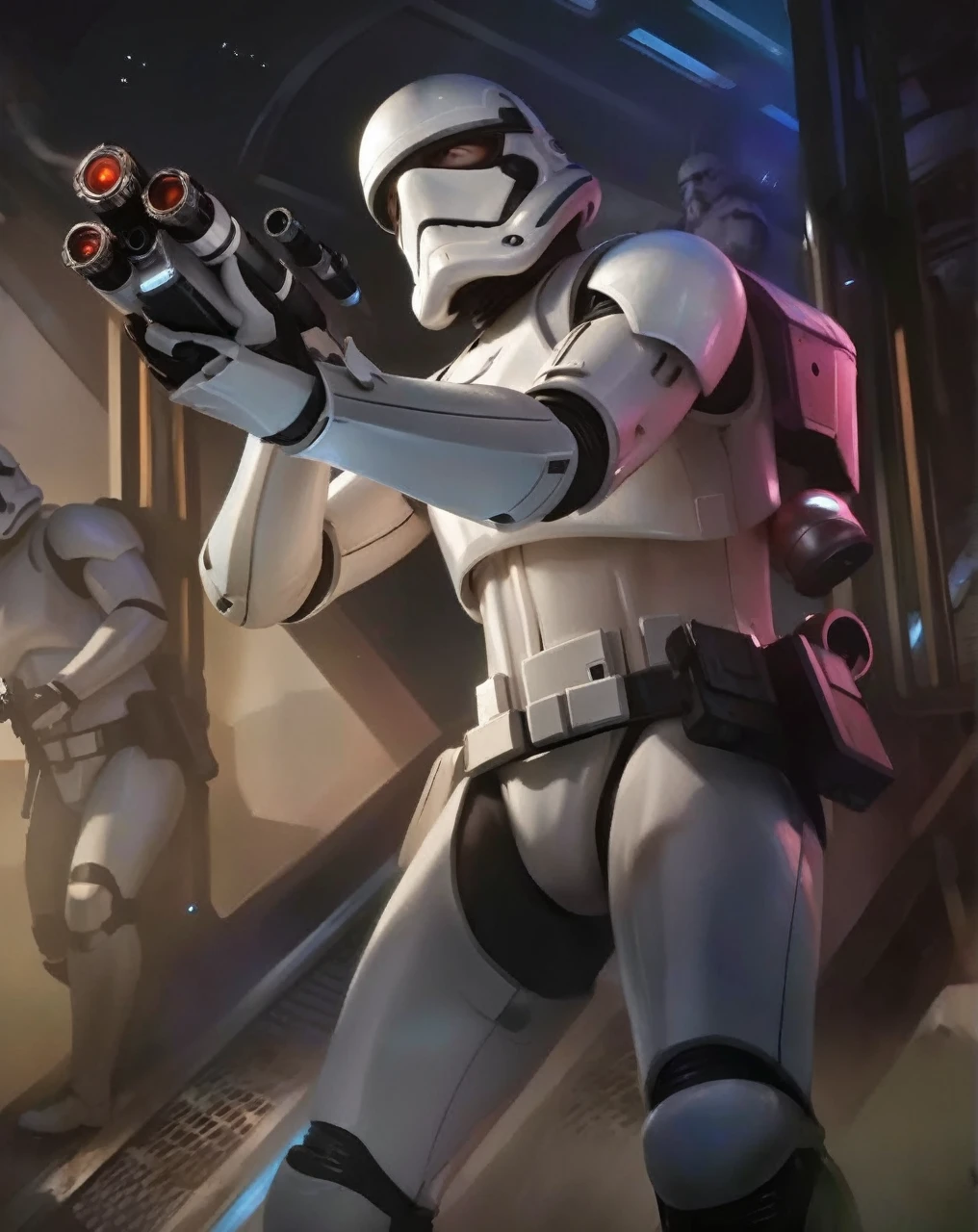 perfect hands, perfect finger,perfect anatomy, masterpiece, best quality,realistic, hyperrealistic, 16k hdr,1 mature female,,white Stormtrooper in Star wars,damaged white full face helmet,damaged white armor,large breasts,rifle