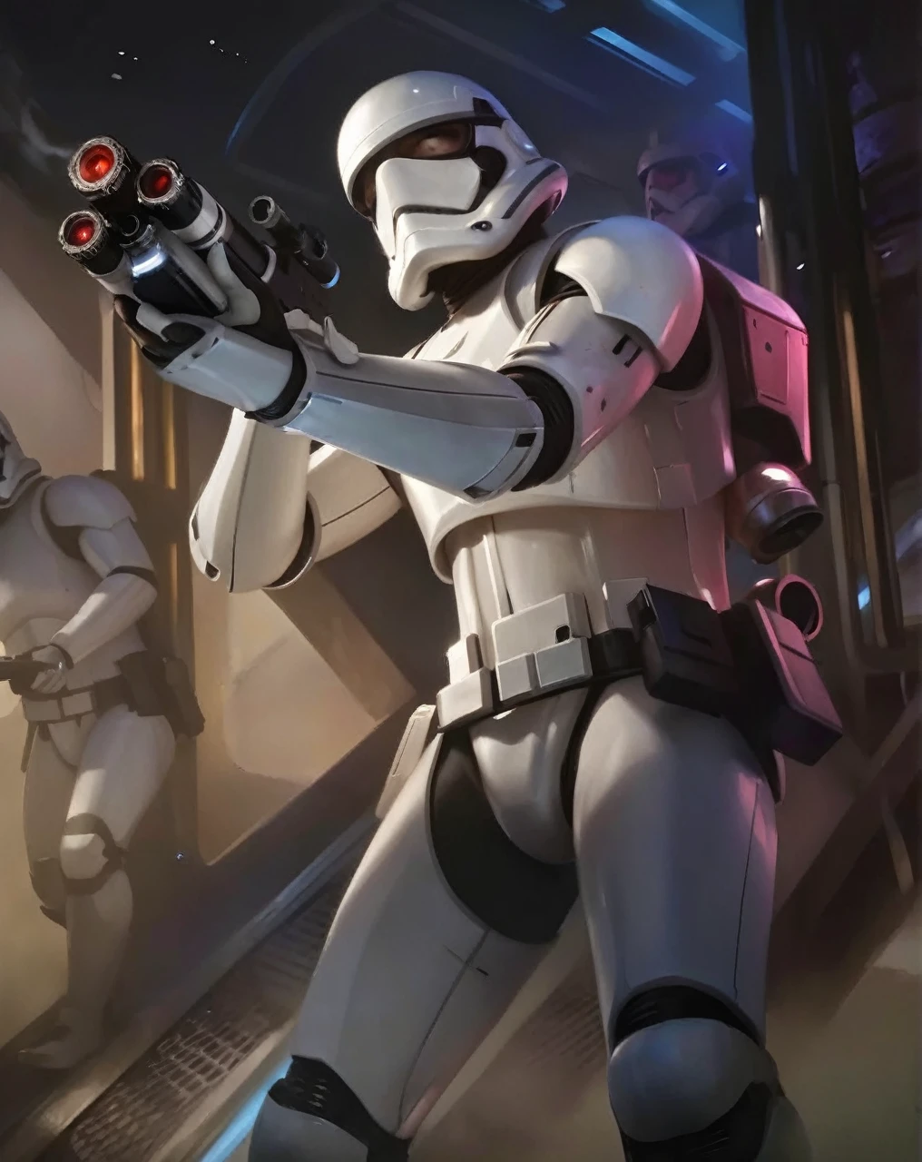 perfect hands, perfect finger,perfect anatomy, masterpiece, best quality,realistic, hyperrealistic, 16k hdr,1 mature female,,white Stormtrooper in Star wars,damaged white full face helmet,damaged white armor,large breasts,rifle