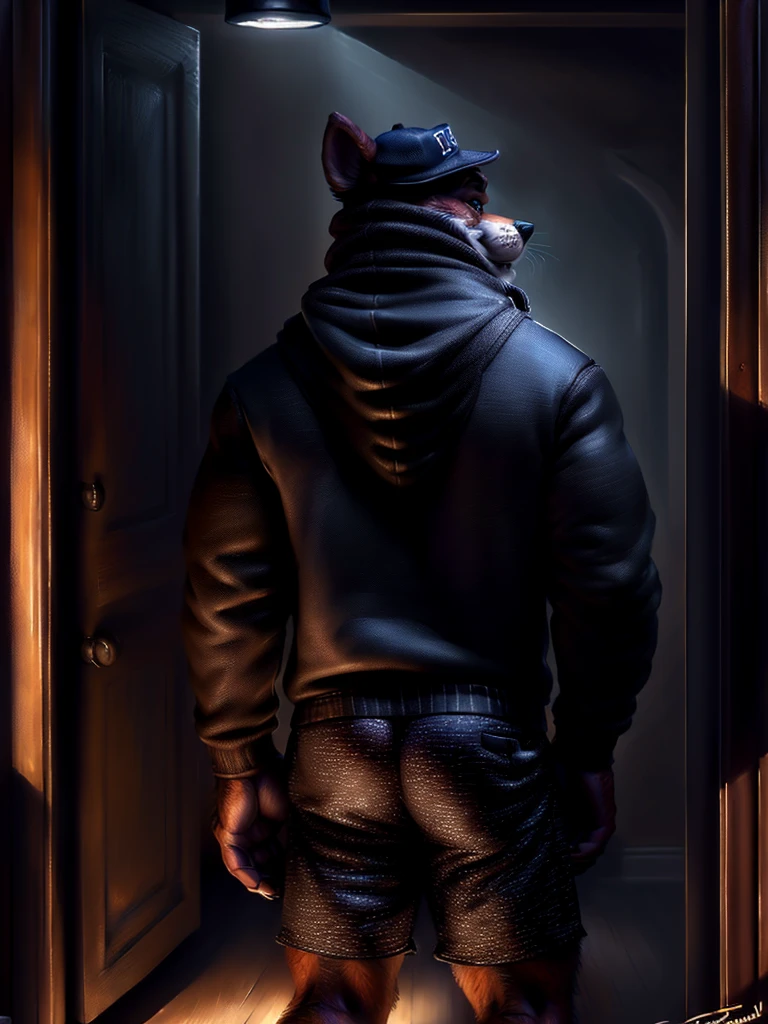 by personalami, by place, by kenket, by taran violinist, male, alone, antro (fox), (fnaf), (sly), Adult, Photorealistic, Hyper realistic, ultra-detailed, natural pose, (muscular, burly), (( run)), ((safety short hoodie:1.2)), (furry), ((butt view)), (detailed background, hallway), ((mature male)), father figure, mature male, hunk , daddy, dilf, ((highly detailed clothing)), ((Highly detailed tail)), ((from behind)), ((highly detailed skin texture)), ((highly detailed hands)), ((highly detailed hands) well drawn)), ((down hoodie)), ((very detailed lighting)), ((natural lighting)), ((black boxers)), ((security guard cap)), ((Night )), ((dark)) A semi-medium long flaccid penis with foreskin visible, testicles,
