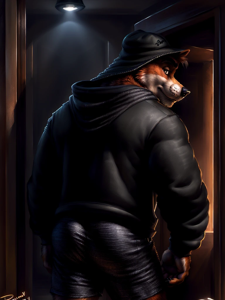 by personalami, by place, by kenket, by taran violinist, male, alone, antro (fox), (fnaf), (sly), Adult, Photorealistic, Hyper realistic, ultra-detailed, natural pose, (muscular, burly), (( run)), ((safety short hoodie:1.2)), (furry), ((butt view)), (detailed background, hallway), ((mature male)), father figure, mature male, hunk , daddy, dilf, ((highly detailed clothing)), ((Highly detailed tail)), ((from behind)), ((highly detailed skin texture)), ((highly detailed hands)), ((highly detailed hands) well drawn)), ((down hoodie)), ((very detailed lighting)), ((natural lighting)), ((black boxers)), ((security guard cap)), ((Night )), ((dark)) A semi-medium long flaccid penis with foreskin visible, testicles,
