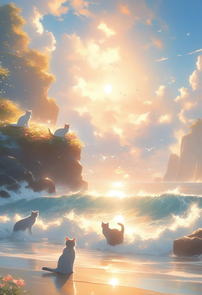 ((Masterpiece)), ((Best Quality)), (Very Detailed), ((Very Detailed)), 4K, (8K), very aesthetic, absurdres highres, On a sunny day with blue skies and clouds floating in the sky, the island is full of cats. You can see many cats. The cats play in the meadows and flower fields and run through the trees. The blue sea surrounds the island and the sound of waves crashing on the rocks can be heard. The cats' fur reflects the light, creating a joyful, relaxed atmosphere in the natural sunlight.”