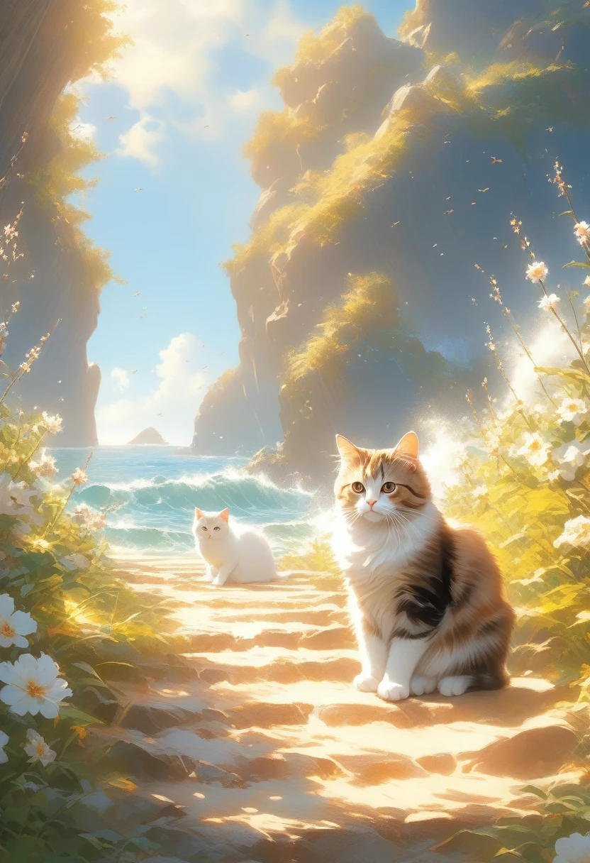 ((Masterpiece)), ((Best Quality)), (Very Detailed), ((Very Detailed)), 4K, (8K), very aesthetic, absurdres highres, On a sunny day with blue skies and clouds floating in the sky, the island is full of cats. You can see many cats. The cats play in the meadows and flower fields and run through the trees. The blue sea surrounds the island and the sound of waves crashing on the rocks can be heard. The cats' fur reflects the light, creating a joyful, relaxed atmosphere in the natural sunlight.”