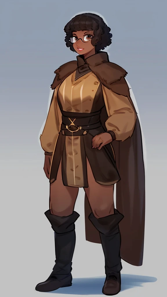 By bebebebebe, by lostgoose, by goonie-san, Solo, standing, black woman, glasses, big glossy lips, ((lip gloss)), eyelashes, eyeliner, dark brown eyes, black curly hairstyle, human, fantasy archer, ranger, dnd, dungeons and dragons