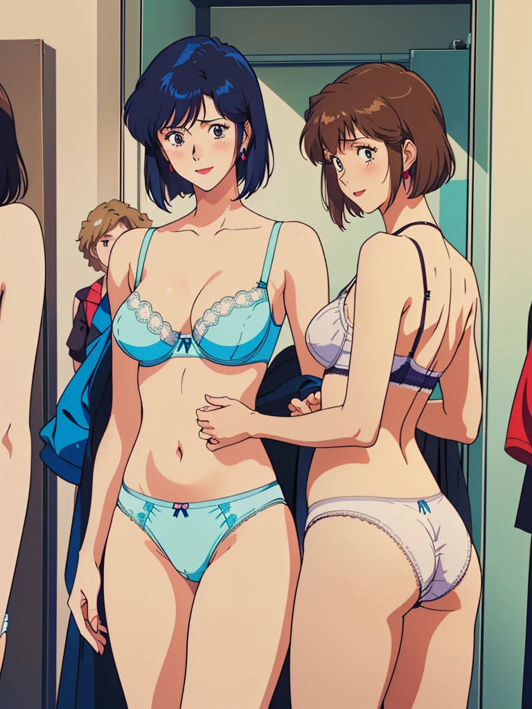 masterpiece, top quality, ultra detailed, (((((NOGAMI_SAEKO, bob cut), (SUMERAGI_AIKA), best anatomy, in underwear, (panties, elaborately designed luxury panties for adults, panties high definition images, draw panties with super precision), lace trimmed bra, extremely detailed texture, earrings, red lip, embarrassed, blush, smile)))), cowboy shot, (((underwear in dressing room))), white skin, (presenting panties), (display panties:1.5),holding panties with both hands