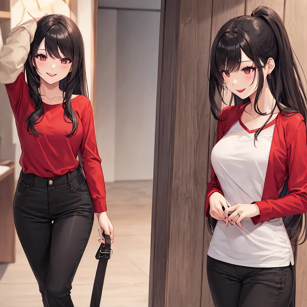 Woman suit red long arm shirt, long hair, black hair, smile, skinny black pant, Red lipstick,