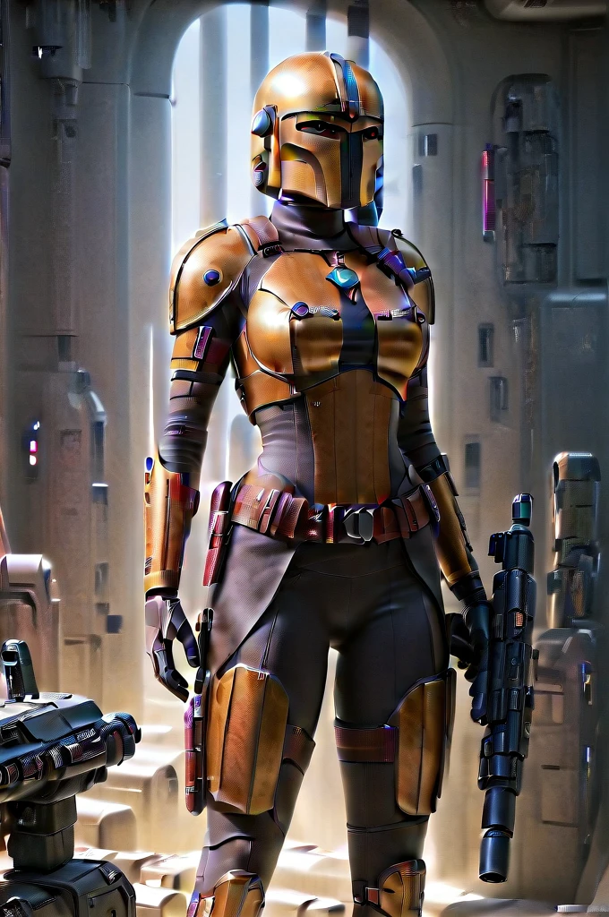 A female Twi'lek Mandalorian, detailed futuristic armor, intricate helmet, jetpack, blaster rifle, epic pose, dramatic lighting, gritty sci-fi atmosphere, cinematic, dramatic colors, highly detailed, 8k, photorealistic, masterpiece