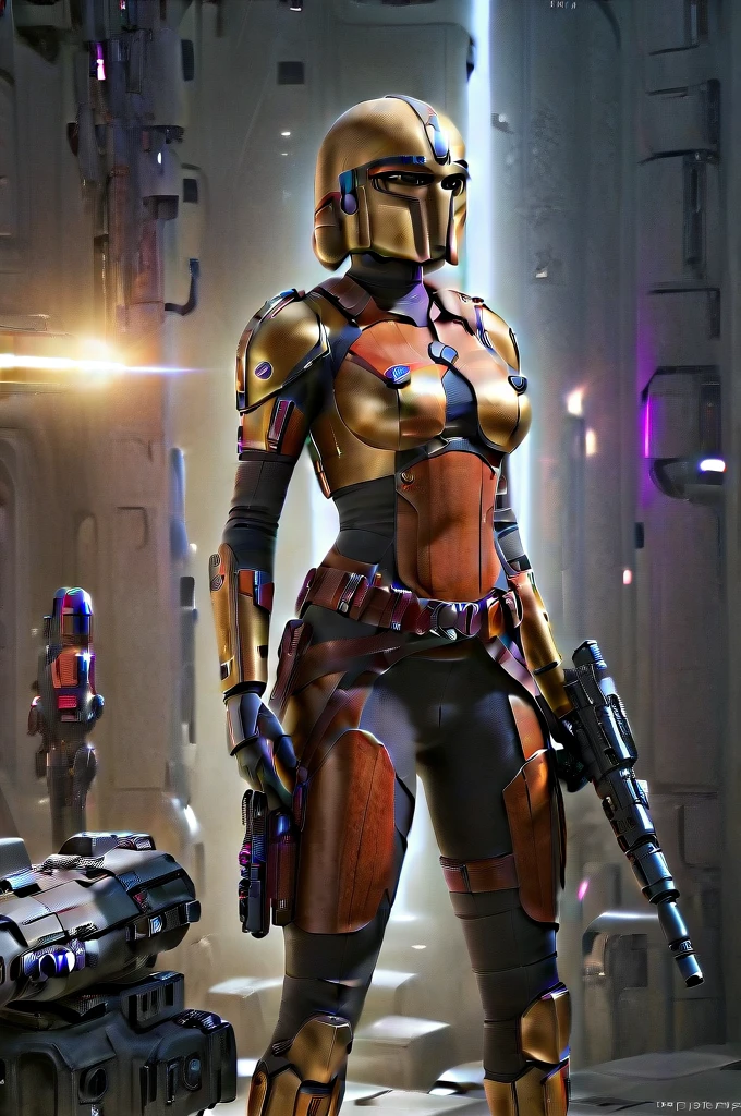 A female Twi'lek Mandalorian, detailed futuristic armor, intricate helmet, jetpack, blaster rifle, epic pose, dramatic lighting, gritty sci-fi atmosphere, cinematic, dramatic colors, highly detailed, 8k, photorealistic, masterpiece