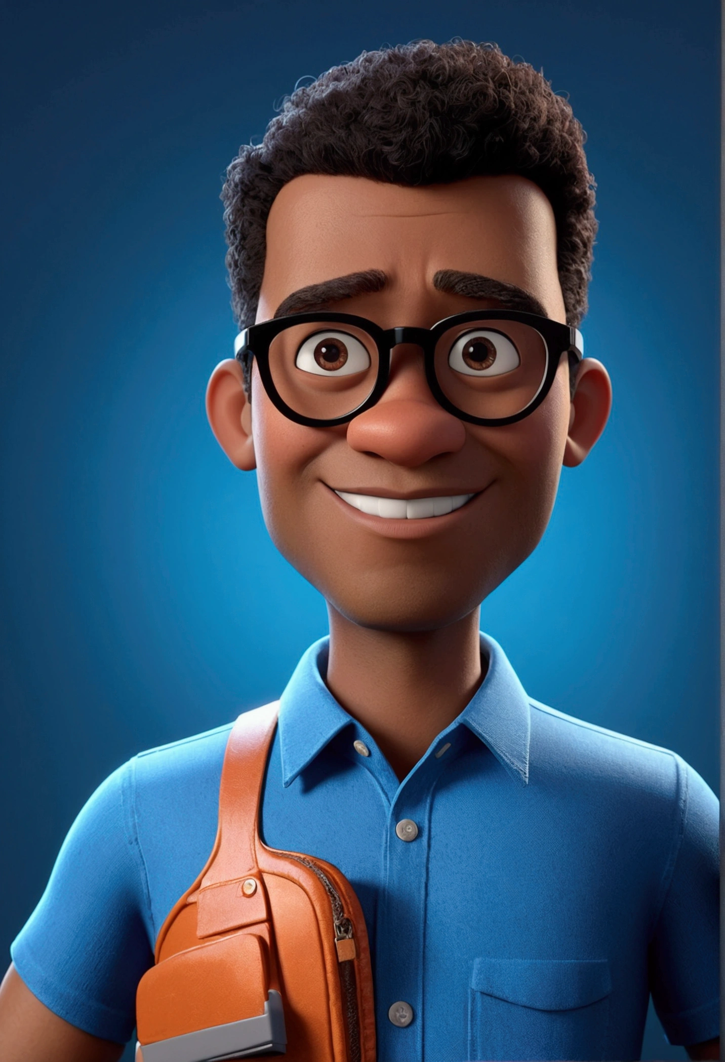 Cartoon character of a black 30 years man wearing black glasses and a blue shirt, um personagem animado, Caractere estilizado, animation style rendering, 3D estilizado, Arnold Maya render, 3 d render stylized, toon render keyshot, Personagem 3D, Personagem 3D, 3d rendering stylized, 3 d character render, personagem de desenho animado, Personagem de close up, Pose de personagem, (Estilo Pixar) (master part:1. 2) (Bokeh) (best quality) (pele detalhada) (textura detalhada) (8k) (argila) (Cinematic lighting) (foco nítido，Senta e vaza a parte superior do corpo