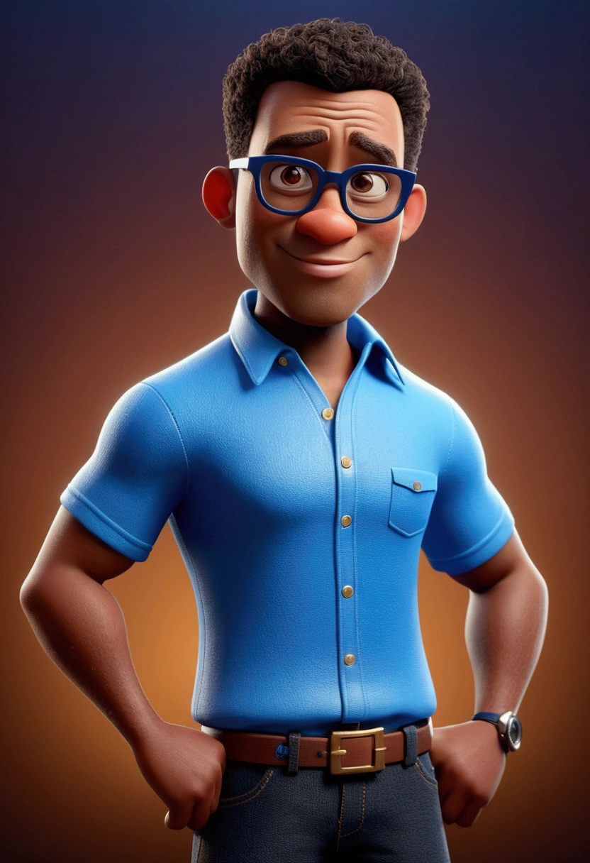 Cartoon character of a black 30 years man wearing black glasses and a blue shirt, um personagem animado, Caractere estilizado, animation style rendering, 3D estilizado, Arnold Maya render, 3 d render stylized, toon render keyshot, Personagem 3D, Personagem 3D, 3d rendering stylized, 3 d character render, personagem de desenho animado, Personagem de close up, Pose de personagem, (Estilo Pixar) (master part:1. 2) (Bokeh) (best quality) (pele detalhada) (textura detalhada) (8k) (argila) (Cinematic lighting) (foco nítido,Senta e vaza a parte superior do corpo