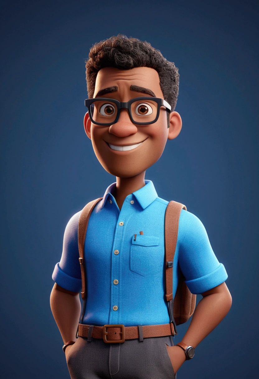 Cartoon character of a black 30 years man wearing black glasses and a blue shirt, um personagem animado, Caractere estilizado, animation style rendering, 3D estilizado, Arnold Maya render, 3 d render stylized, toon render keyshot, Personagem 3D, Personagem 3D, 3d rendering stylized, 3 d character render, personagem de desenho animado, Personagem de close up, Pose de personagem, (Estilo Pixar) (master part:1. 2) (Bokeh) (best quality) (pele detalhada) (textura detalhada) (8k) (argila) (Cinematic lighting) (foco nítido,Senta e vaza a parte superior do corpo