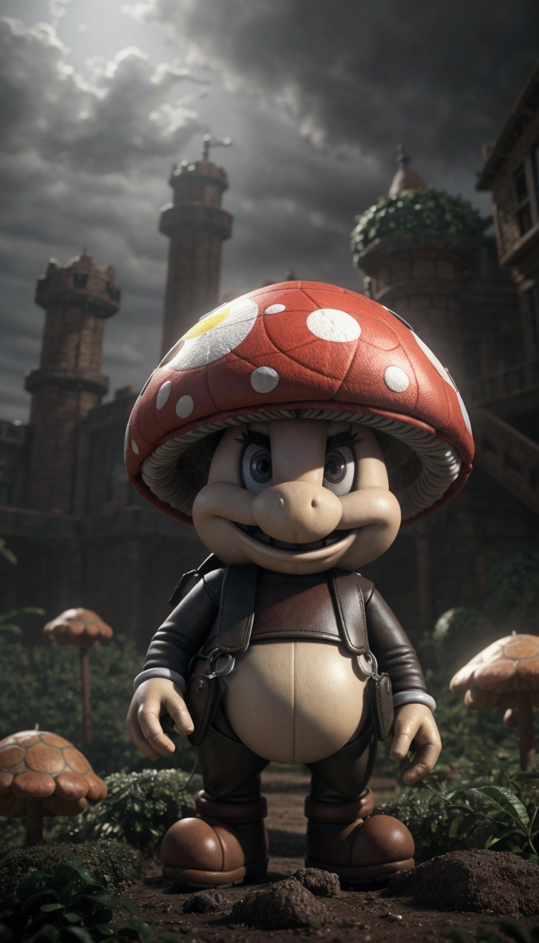 há um cogumelo com uma mochila em pé na grama, personagem pequeno. motor irreal 5, motor irreal 5 quality render, renderização superdetalhada, render in motor irreal 5, rendered in motor irreal 5, made in motor irreal 5, motor irreal 5 highly rendered, rendered motor irreal 5, hdr render in motor irreal 5, motor irreal 5 4k render,Toad character from the game super mario bros, dvd screenshot, cinematic lighting, 1980s video, realistc, vhs, dark fantasy ambient