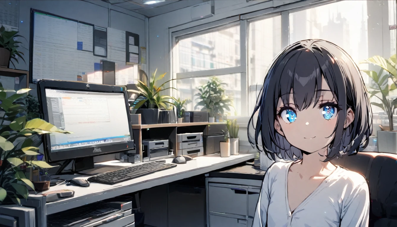 Beautiful 1girl, solo, gentle smile on her face flat chest, short hair, black hair, blue eyes, (detailed eyes), sitting in an office, 2 plants in the background and a computer right in front of her, wearing a formal white shirt