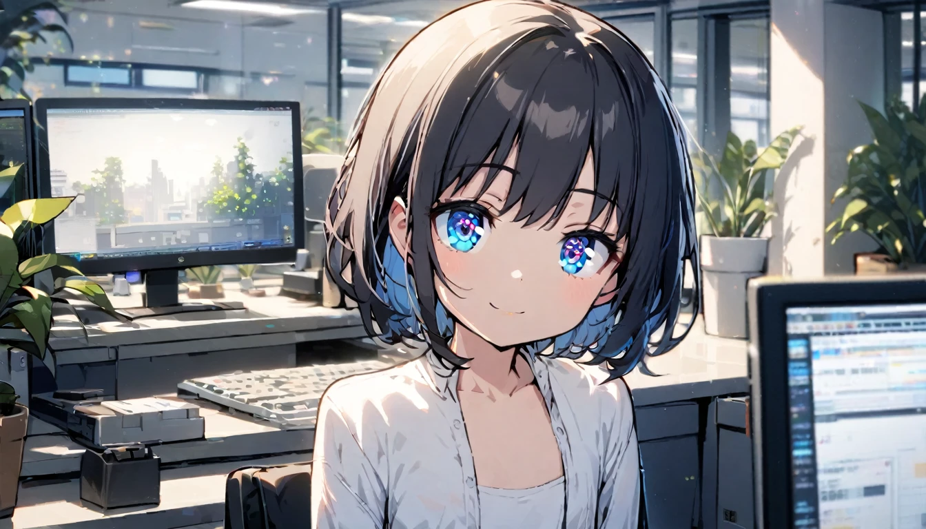 Beautiful 1girl, solo, gentle smile on her face flat chest, short hair, black hair, blue eyes, (detailed eyes), sitting in an office, surrounded by some plants and a computer right in front of her