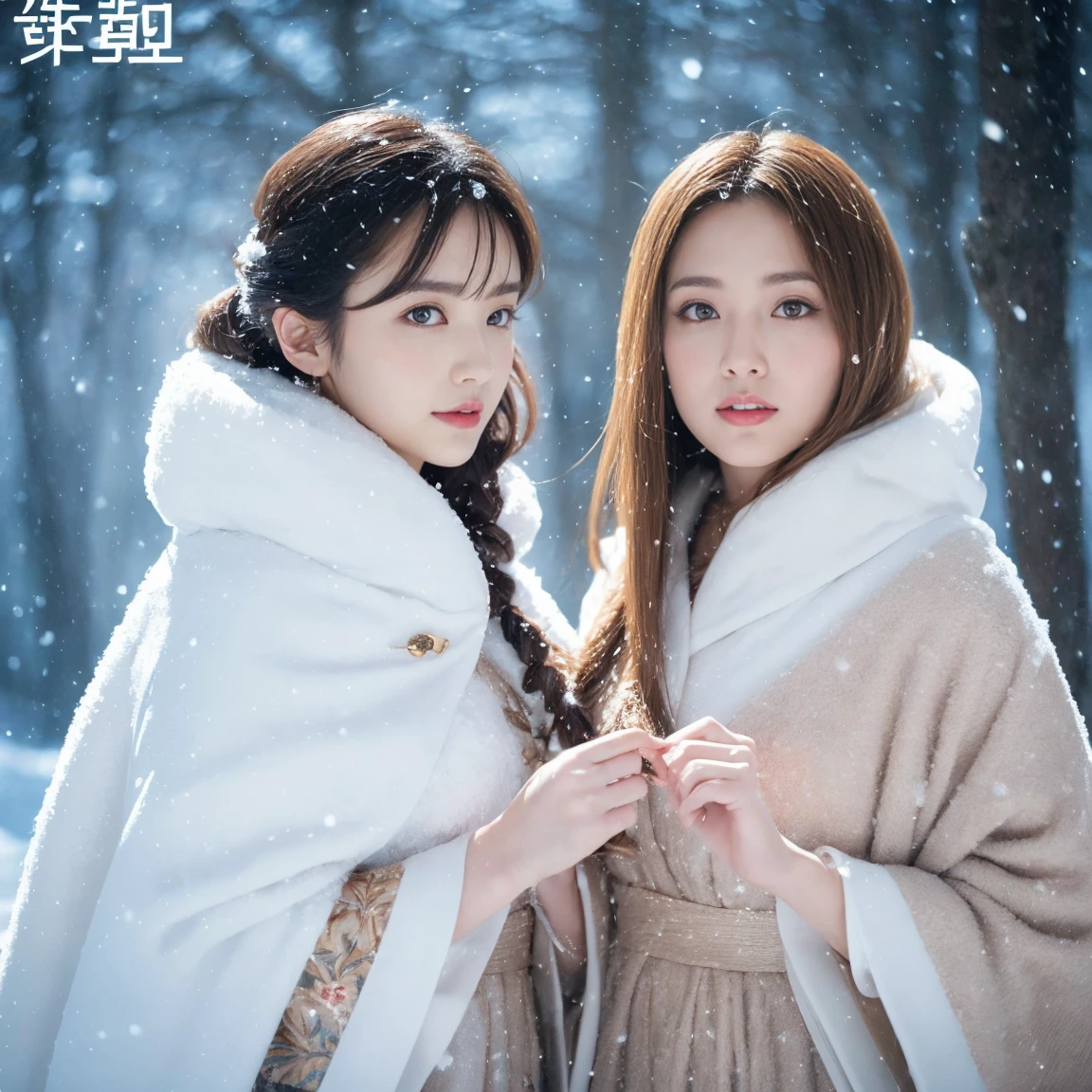 (Best quality, 8K, 32K, masutepiece, ), (High intaglio printing model),Photorealistic, high resolution, perfect anatomy, two Japan Women is deeply in love with each other, kiss,  (Lolita costume)，Gorgeous costumes，Face the audience，(The upper part of the body，upper legs)， beautidful eyes, Brown hair, ringed eyes, (outside，Heavy snowfall，Thick fur cloak，Cover with snow)，snowfield，Blue eyes，Illustrations of the highest quality，A meticulous face