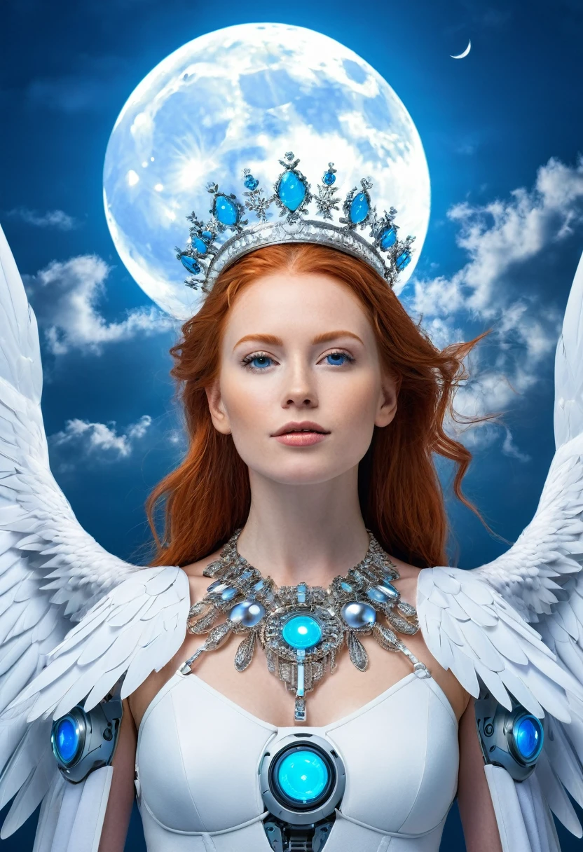 beautiful redhead with a crown of rays, surrounded by blue robotic eagles with a beautiful blue moon in the background and white clouds
