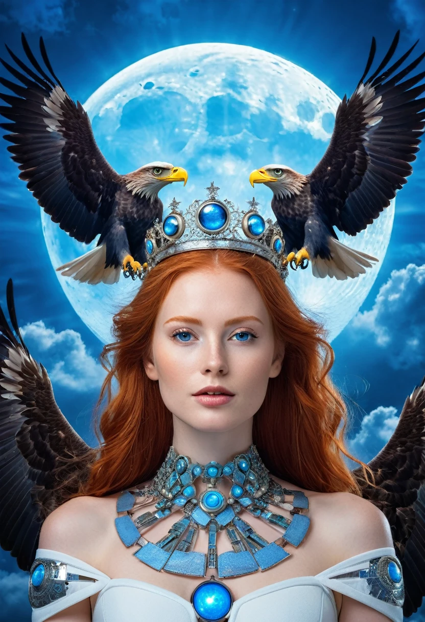 beautiful redhead with a crown of rays, surrounded by blue robotic eagles with a beautiful blue moon in the background and white clouds
