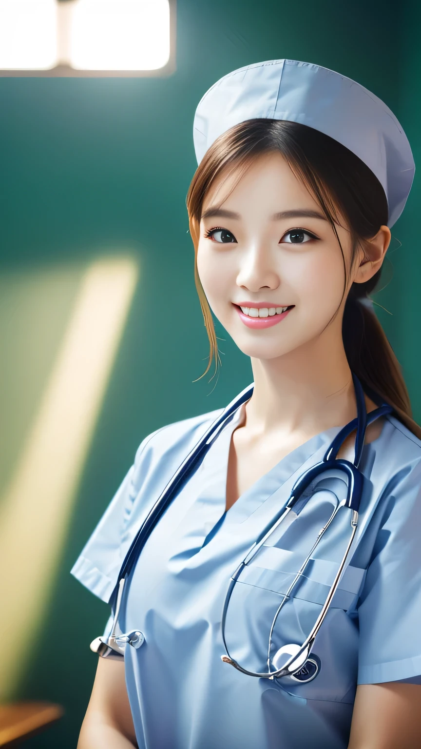 (Ulzzang-6500-v1.1, masterpiece, highest quality:1.3, ultra-detailed 8k:1.2, hyperrealistic:1.35, raw photo:1.2, highest quality, high resolution, wallpaper, realistic, dramatic, realistic painting art by midjourney:1.3, 1 nurse, 28yo, white nurse uniform, basic nurse cap, short white tight skirt:1.3, super beautiful, beautiful skin, beautiful and detailed eyes, detailed face, symmatrical face, perfect style, treatment room in a hospital room, take photos from up close to her, ample , very detailed face, stethoscope, double eyelid, snaggle-tooth, brown eyes, short ponytail hair, chest strengthening, emphasize body line, friendly smile, beautiful lips, glossy lips, white teeth, detailed background of the hospital room, perfect lighting, natural soft light)