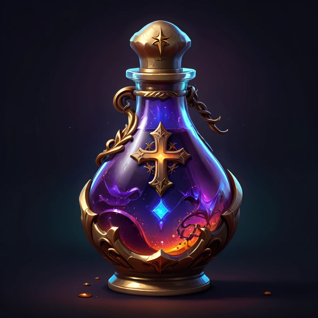 a detailed pixel art potion bottle label with a crescent cross icon, vibrant colors, on a dark background, high quality, game icon
