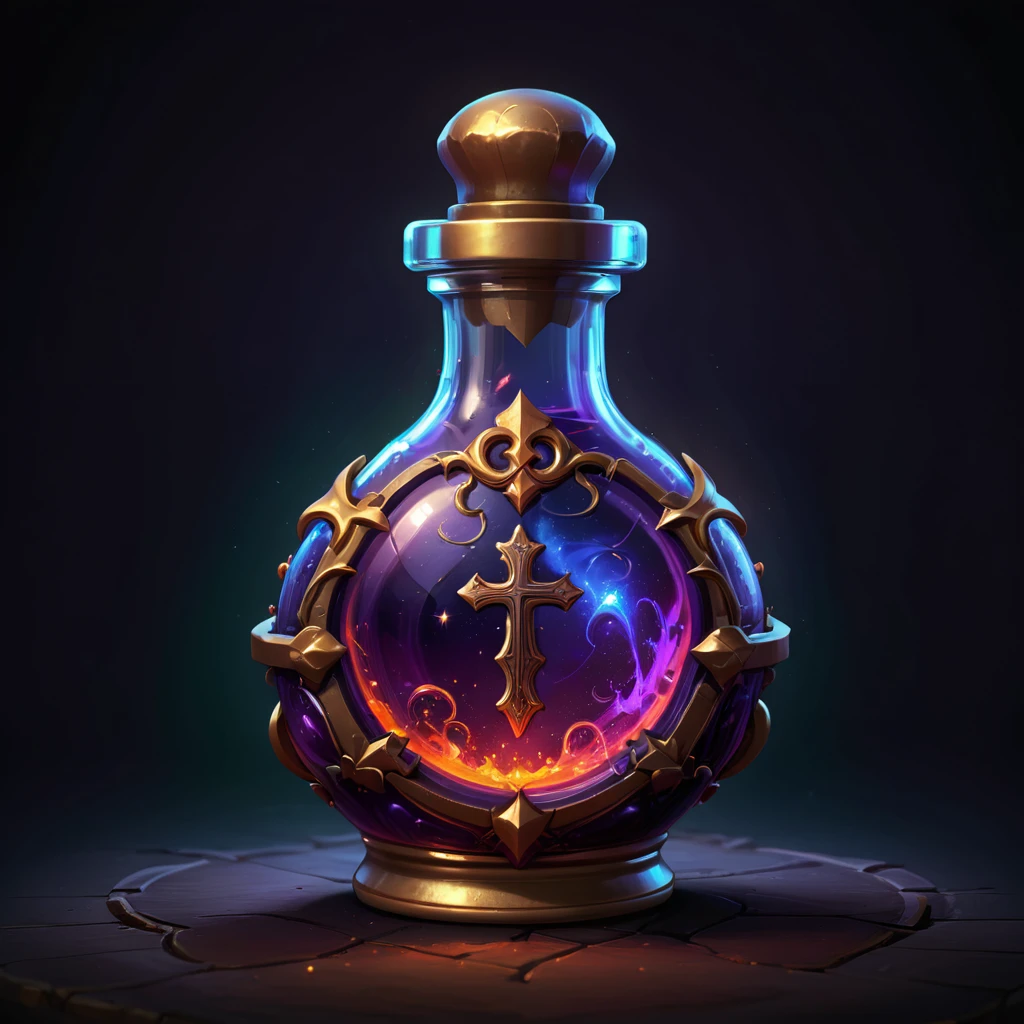 a detailed pixel art potion bottle label with a crescent cross icon, vibrant colors, on a dark background, high quality, game icon