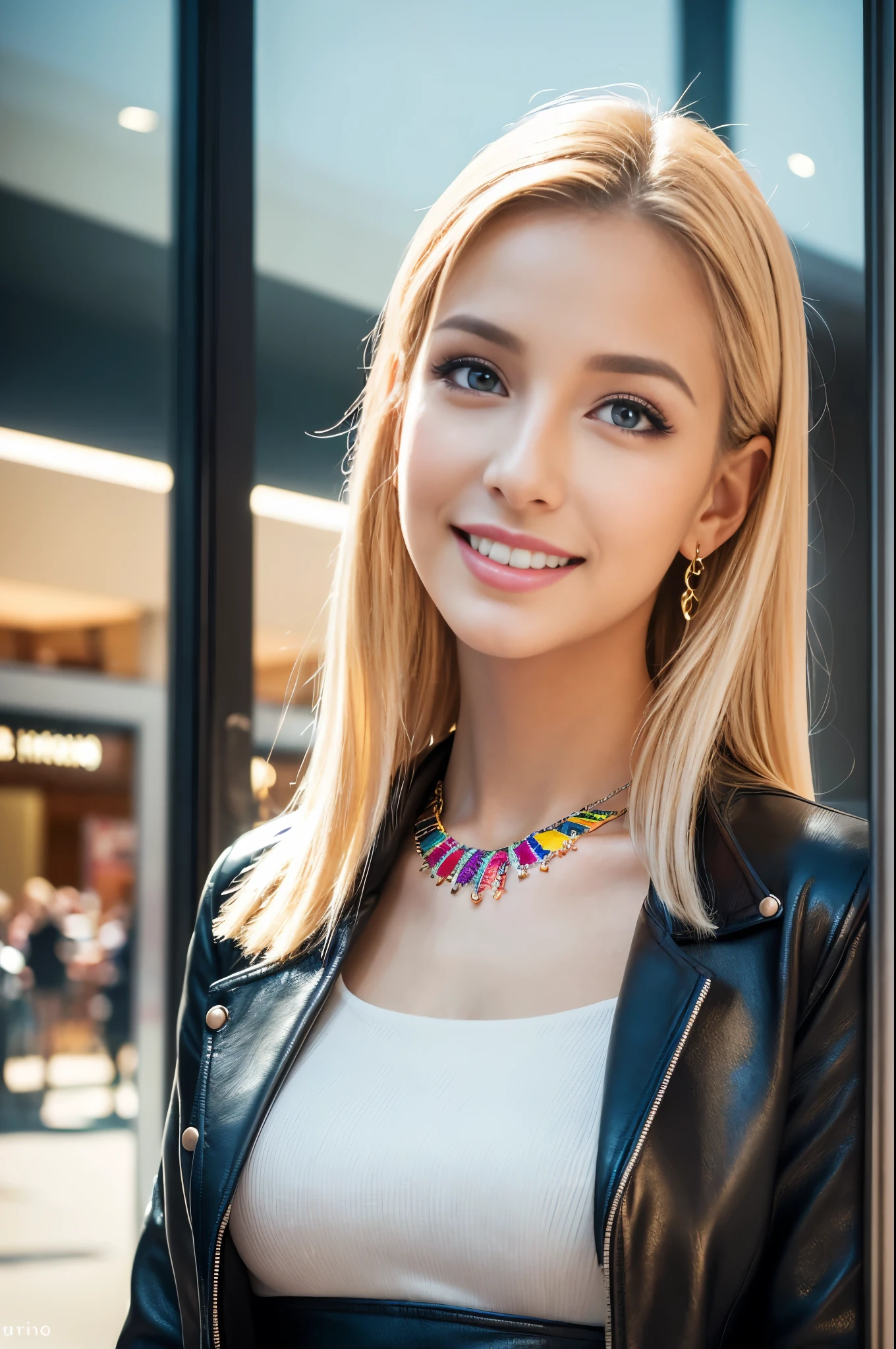 (masterpiece:1.4), (best quality:1.4), 4k, 8k, ultra high res, ultra high resolution, ultra detailed, ((detailed facial features)), HDR, (realistic, photorealistic, photo-realistic:1.37), closeup, y seductive Swedish model, (happy smile), (small bre(slim girl), long lashes, ultra detailed makeup, defined eyebrows, platinum blonde hair, fair skin, elegant posture, wearing large sparkling colorful jewelry, wearing a business style leather dress, standing in a large shopping mall, gentle sunlight shining through the shopping mall windows, casting a soft glow on her face, adding warmth to the scene, vibrant colors, capturing the essence of vibrant city life, portrait style, showcasing her natural beauty and grace in a feminine way