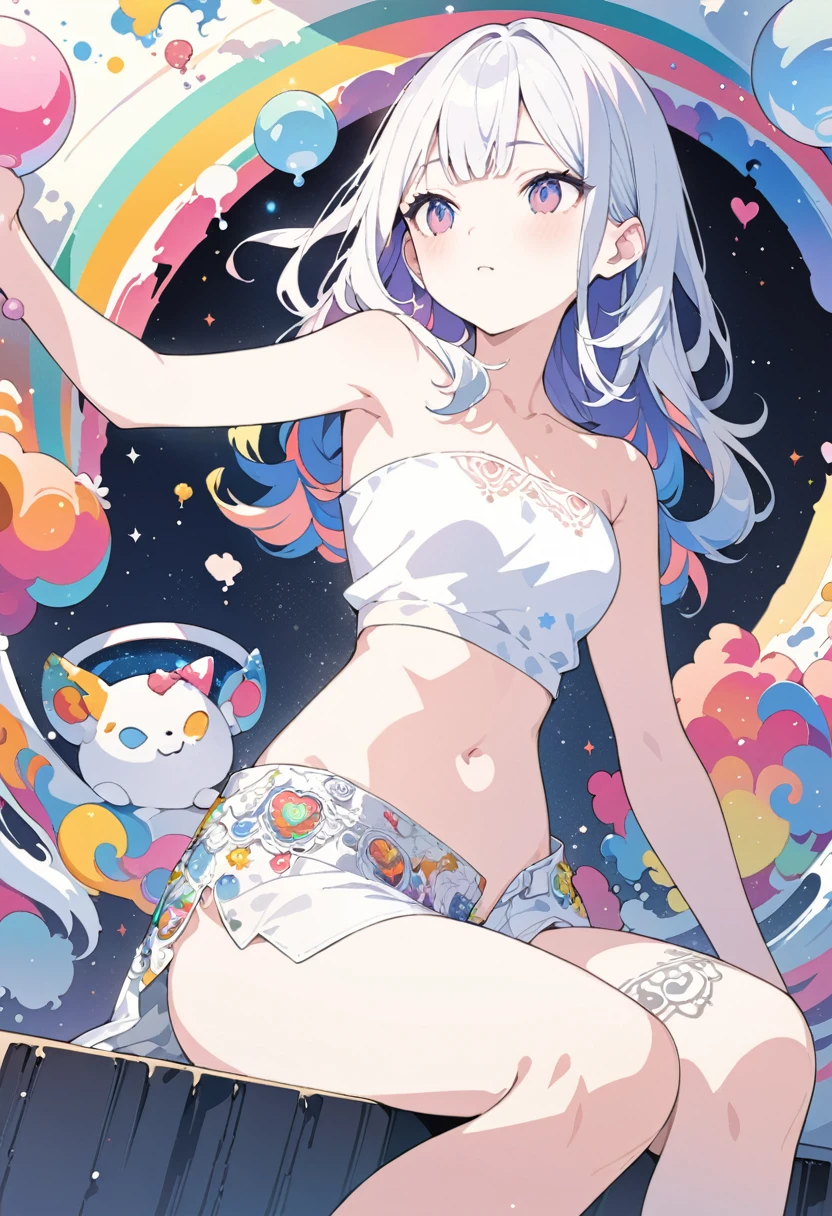 Extra Super long curly hair haired anime girl, light colorful rainbow hair, giant white hair bow, wearing hair bow in hair wearing a pastel rainbow cardigan and comfortable cotton shorts in bed, rainbow eyes, starry hair clips in hair, multi colored eyes, naked, , long thigh socks woven, elf ears, blushing, plain white background, getting  licked, small breasts